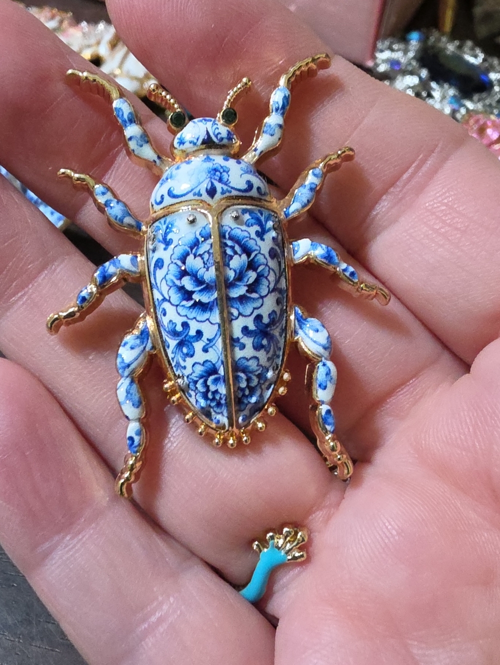A116- Blue and White Porcelain Beetle Brooch - Gold Accent Statement Pin